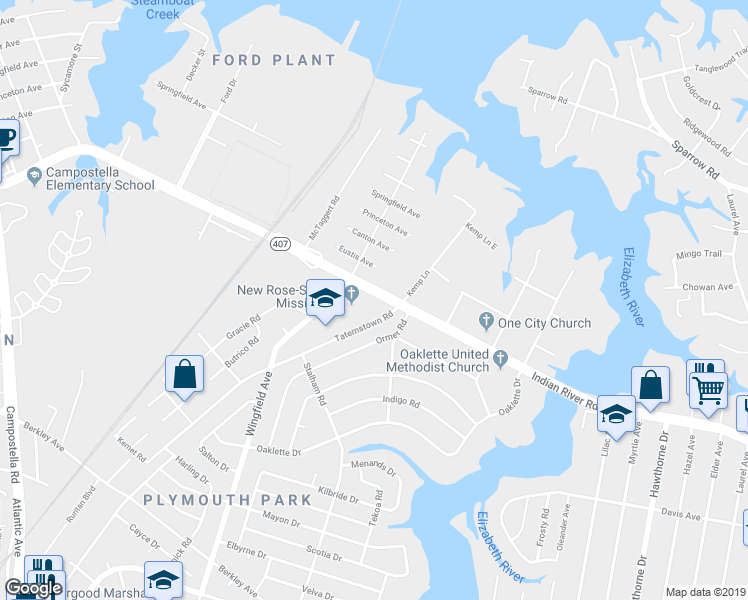 map of restaurants, bars, coffee shops, grocery stores, and more near 3005 Indian River Road in Chesapeake