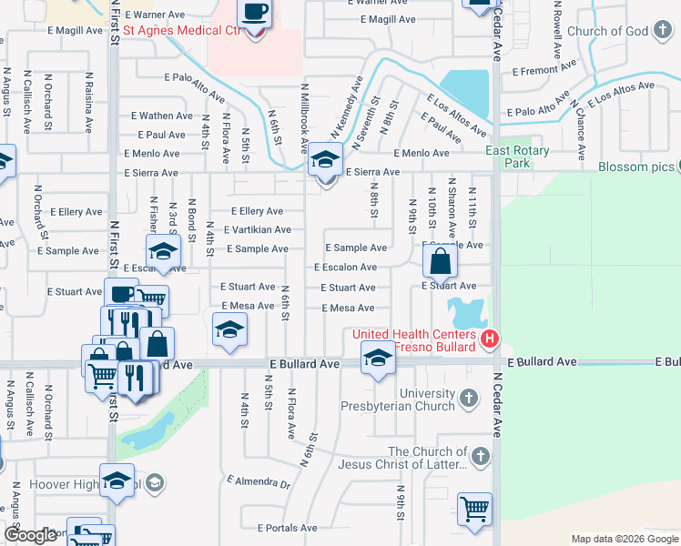 map of restaurants, bars, coffee shops, grocery stores, and more near 1477 East Escalon Avenue in Fresno