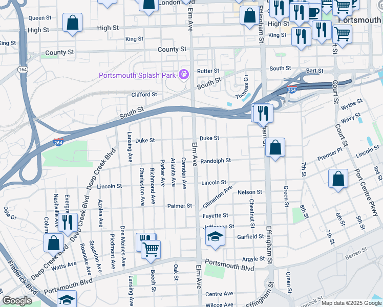 map of restaurants, bars, coffee shops, grocery stores, and more near 1604 Elm Avenue in Portsmouth