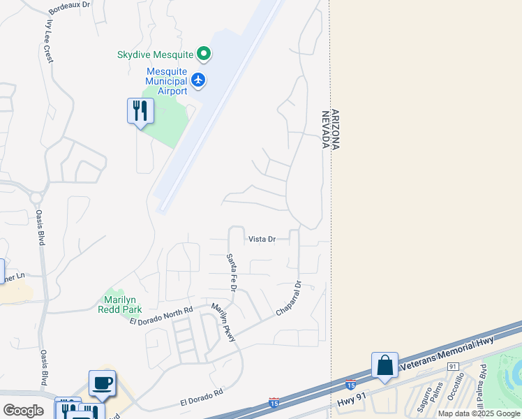 map of restaurants, bars, coffee shops, grocery stores, and more near 700 Mountain View Drive in Mesquite