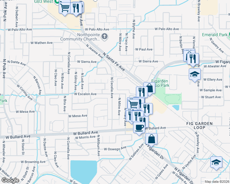 map of restaurants, bars, coffee shops, grocery stores, and more near 6210 North Cecelia Avenue in Fresno