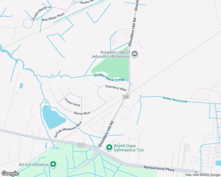 map of restaurants, bars, coffee shops, grocery stores, and more near 113 Dutchess Way in Suffolk