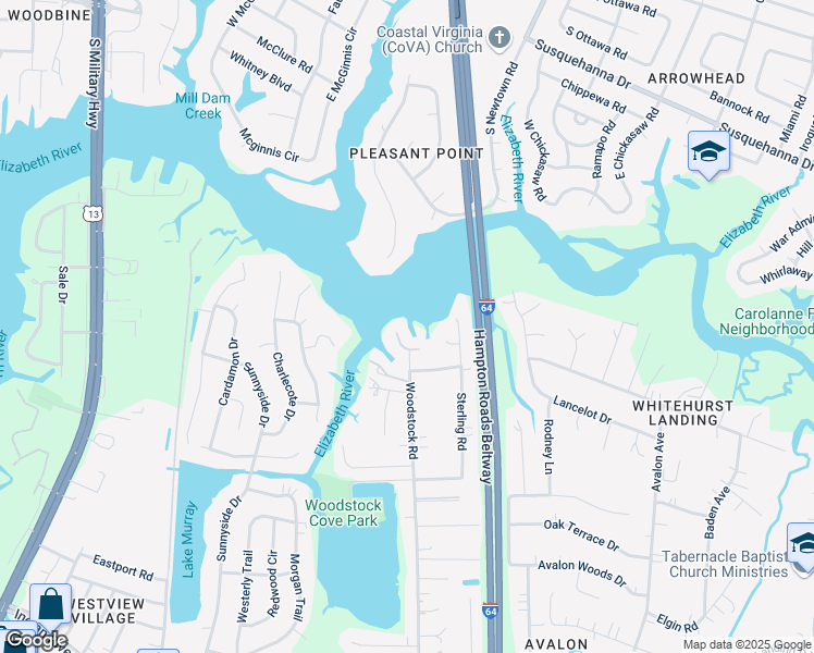 map of restaurants, bars, coffee shops, grocery stores, and more near 5832 Woodstock Point in Virginia Beach