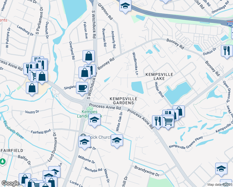 map of restaurants, bars, coffee shops, grocery stores, and more near 416 Belingham Road in Virginia Beach