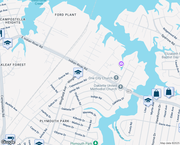 map of restaurants, bars, coffee shops, grocery stores, and more near 3005 Indian River Road in Chesapeake