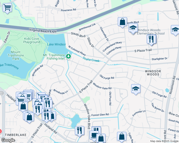 map of restaurants, bars, coffee shops, grocery stores, and more near 505 Old Mill Court in Virginia Beach