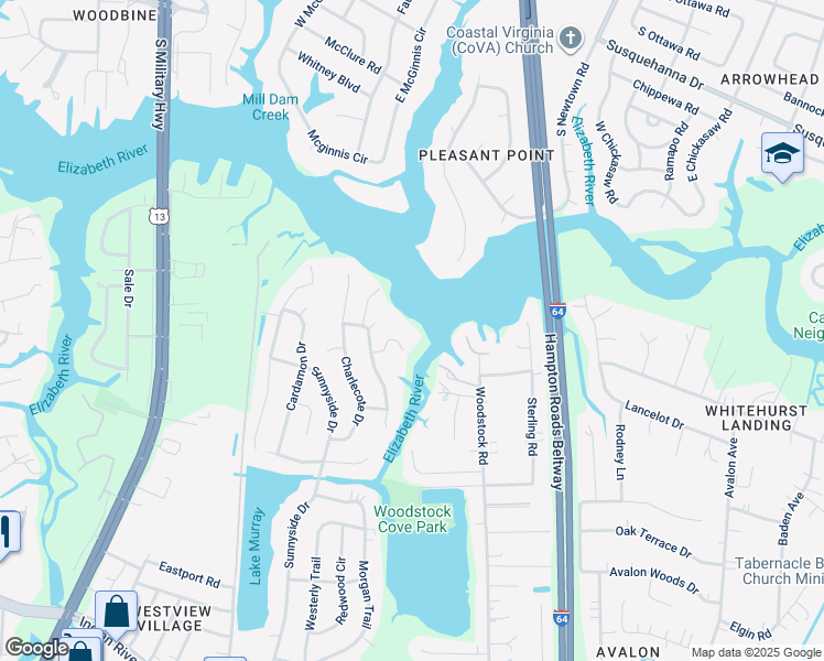 map of restaurants, bars, coffee shops, grocery stores, and more near 6112 Old Point Ferry Lane in Virginia Beach