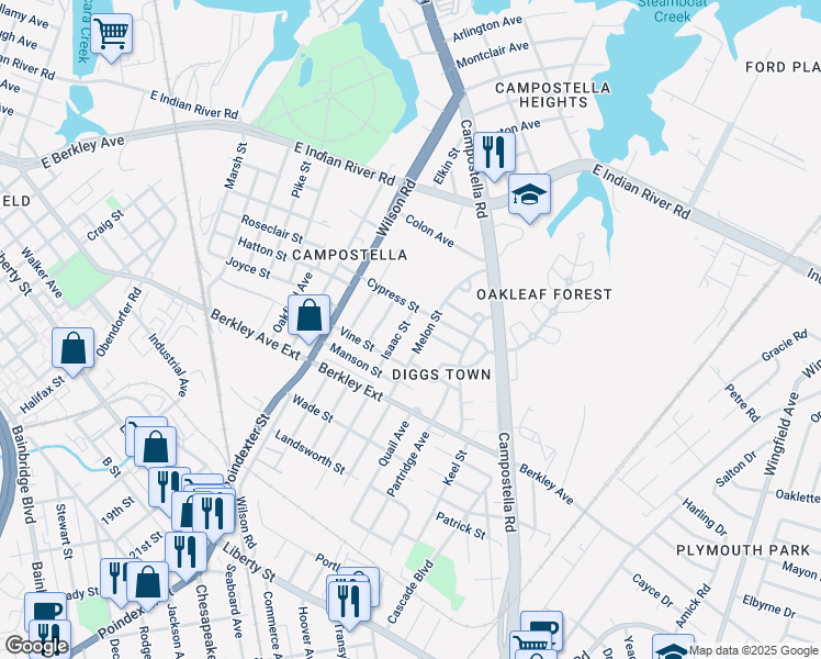 map of restaurants, bars, coffee shops, grocery stores, and more near 1530 Isaac Street in Norfolk