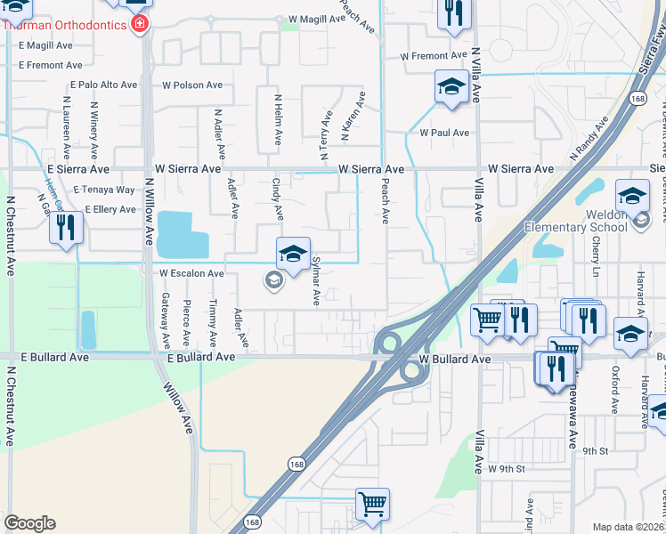 map of restaurants, bars, coffee shops, grocery stores, and more near 345 Sylmar Avenue in Clovis