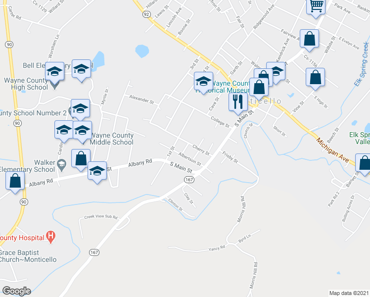 map of restaurants, bars, coffee shops, grocery stores, and more near West Street in Monticello