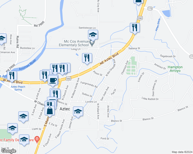 map of restaurants, bars, coffee shops, grocery stores, and more near 602 White Avenue in Aztec