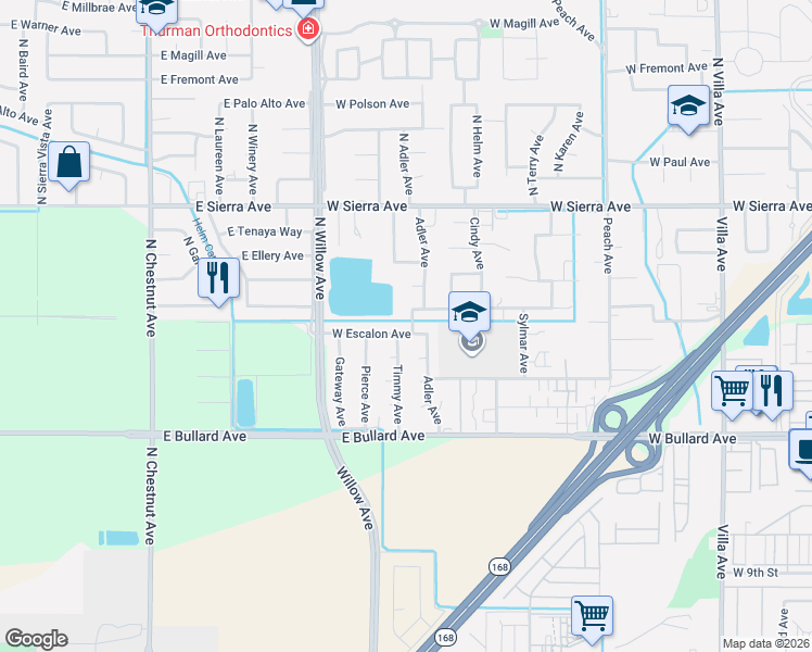 map of restaurants, bars, coffee shops, grocery stores, and more near 655 West Escalon Avenue in Clovis