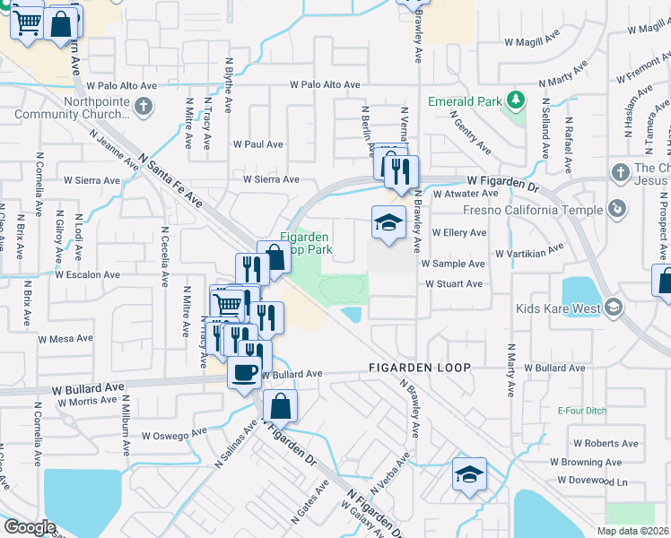 map of restaurants, bars, coffee shops, grocery stores, and more near 4195 West Sample Avenue in Fresno