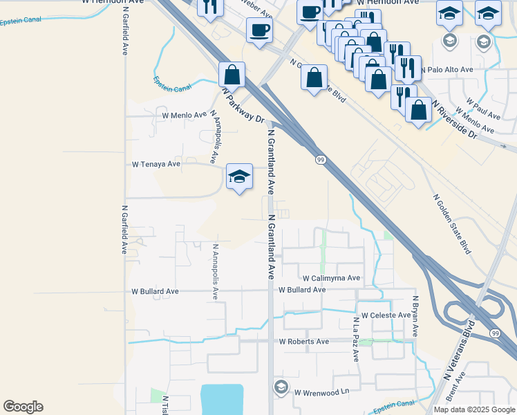 map of restaurants, bars, coffee shops, grocery stores, and more near 6265 North Grantland Avenue in Fresno