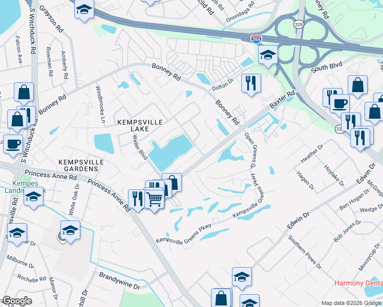 map of restaurants, bars, coffee shops, grocery stores, and more near 4601 Fern Oak Court in Virginia Beach
