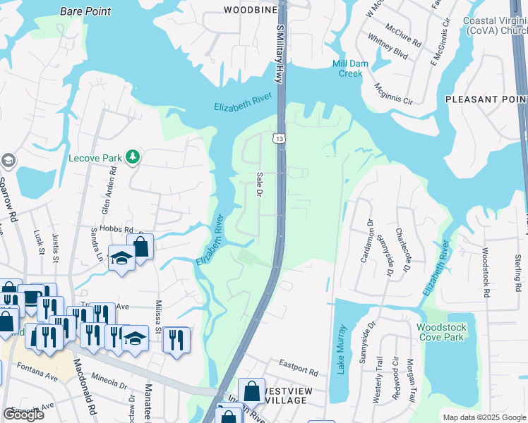 map of restaurants, bars, coffee shops, grocery stores, and more near 3441 Sale Drive in Virginia Beach