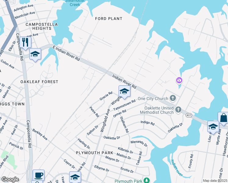 map of restaurants, bars, coffee shops, grocery stores, and more near 372 Gracie Road in Chesapeake