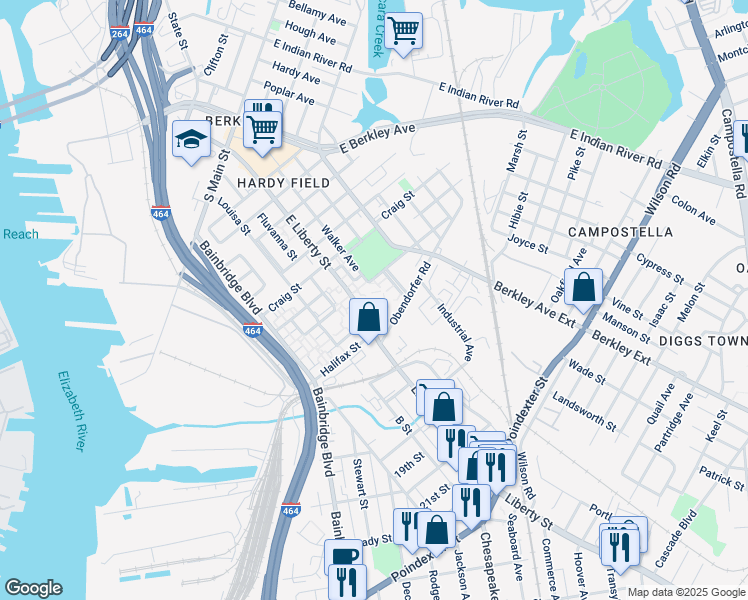 map of restaurants, bars, coffee shops, grocery stores, and more near 1024 East Liberty Street in Norfolk
