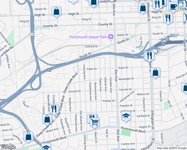 map of restaurants, bars, coffee shops, grocery stores, and more near 1601 Charleston Avenue in Portsmouth