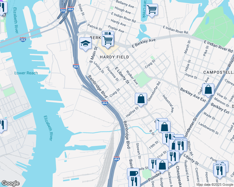 map of restaurants, bars, coffee shops, grocery stores, and more near 1020 Craig Street in Norfolk