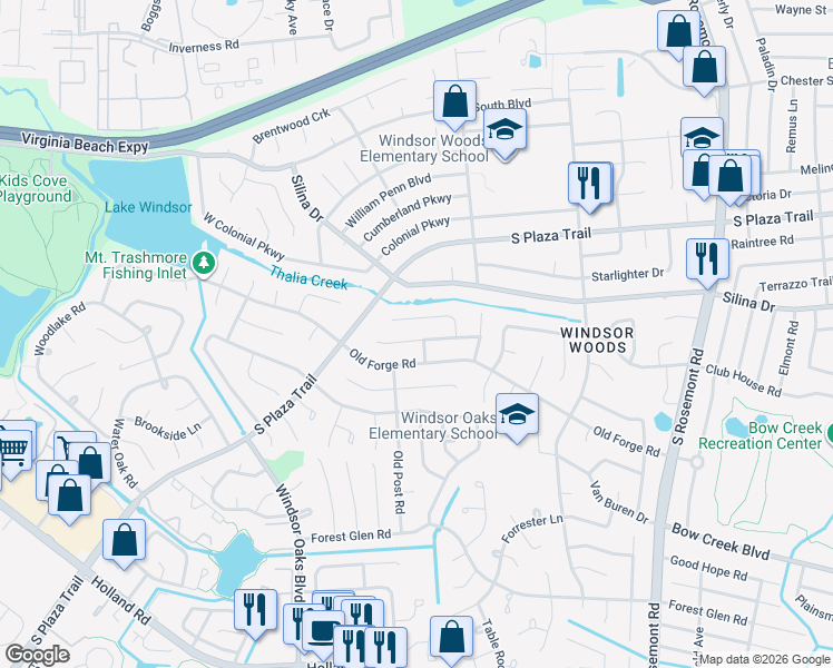 map of restaurants, bars, coffee shops, grocery stores, and more near 3828 Concord Bridge Road in Virginia Beach