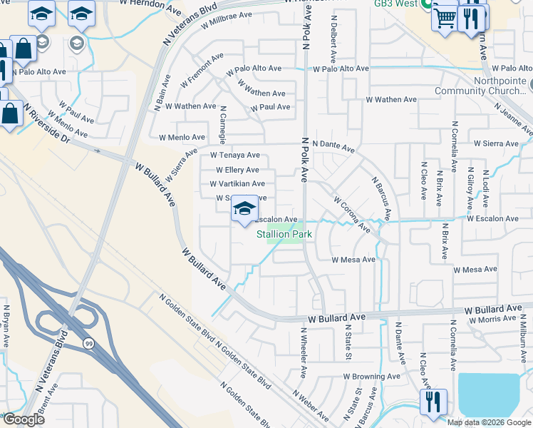 map of restaurants, bars, coffee shops, grocery stores, and more near 5616 West Escalon Avenue in Fresno