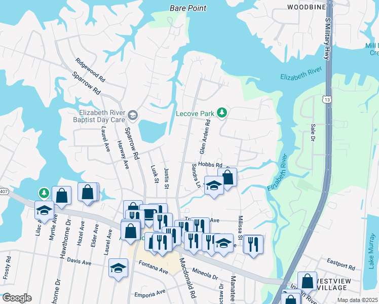 map of restaurants, bars, coffee shops, grocery stores, and more near 3408 Macdonald Road in Virginia Beach