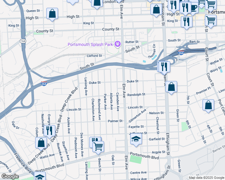 map of restaurants, bars, coffee shops, grocery stores, and more near 1601 Atlanta Avenue in Portsmouth