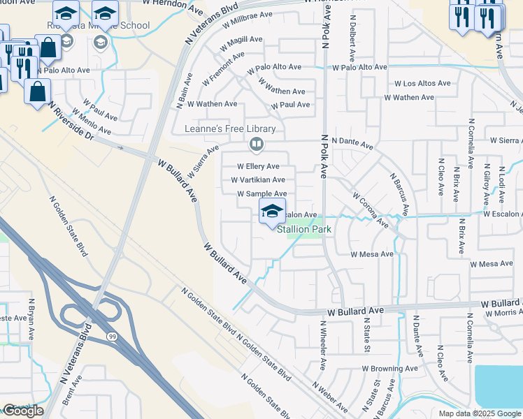 map of restaurants, bars, coffee shops, grocery stores, and more near 5684 West Escalon Avenue in Fresno