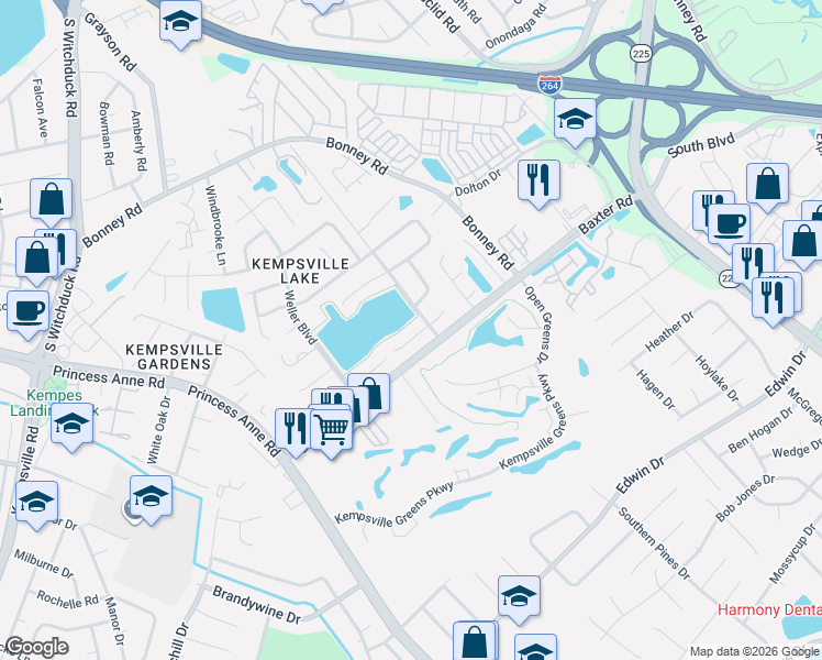 map of restaurants, bars, coffee shops, grocery stores, and more near 4601 Fern Oak Court in Virginia Beach