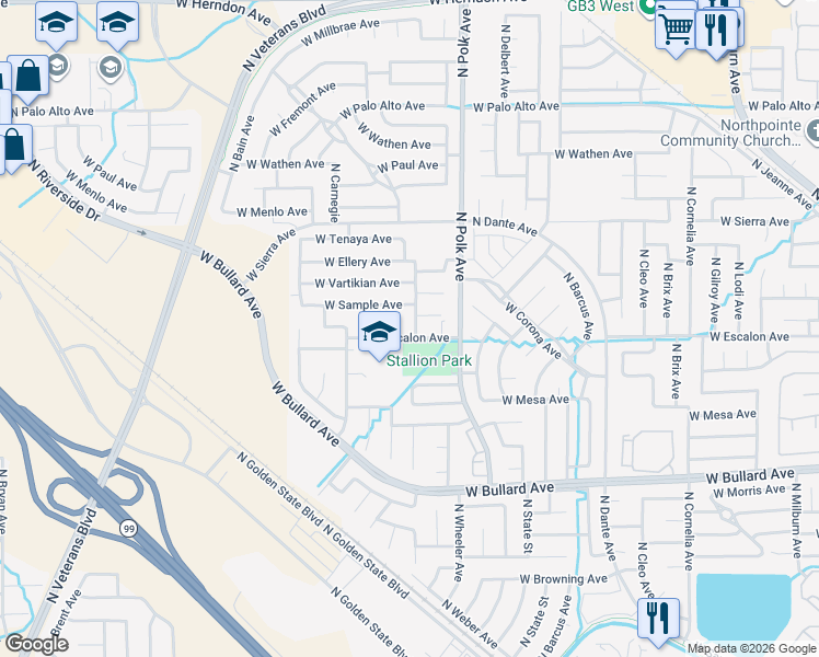 map of restaurants, bars, coffee shops, grocery stores, and more near 5616 West Escalon Avenue in Fresno