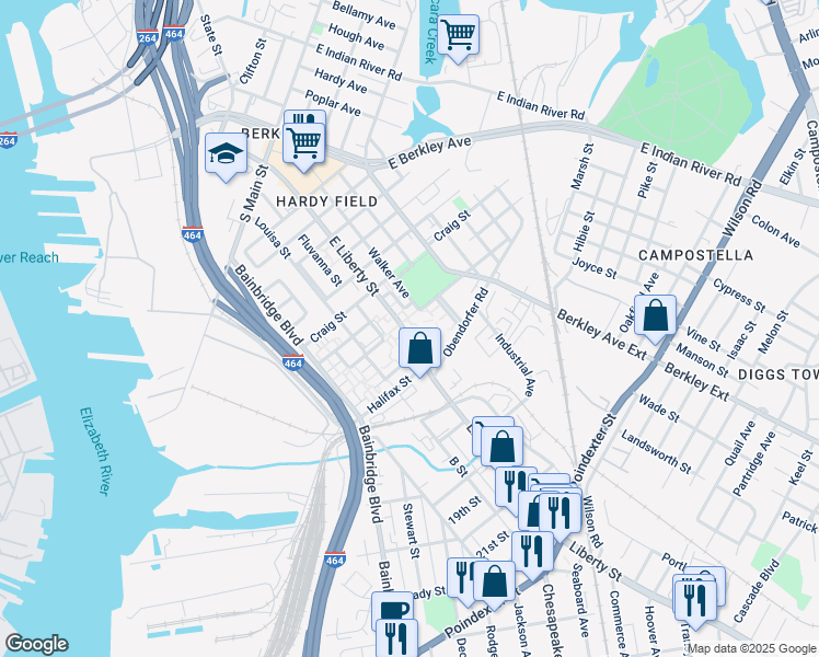 map of restaurants, bars, coffee shops, grocery stores, and more near 1024 East Liberty Street in Norfolk