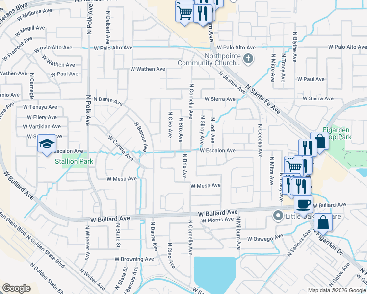 map of restaurants, bars, coffee shops, grocery stores, and more near 6324 North Brix Avenue in Fresno
