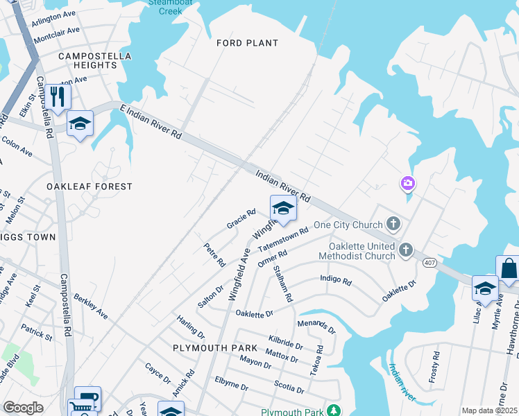 map of restaurants, bars, coffee shops, grocery stores, and more near 372 Gracie Road in Chesapeake