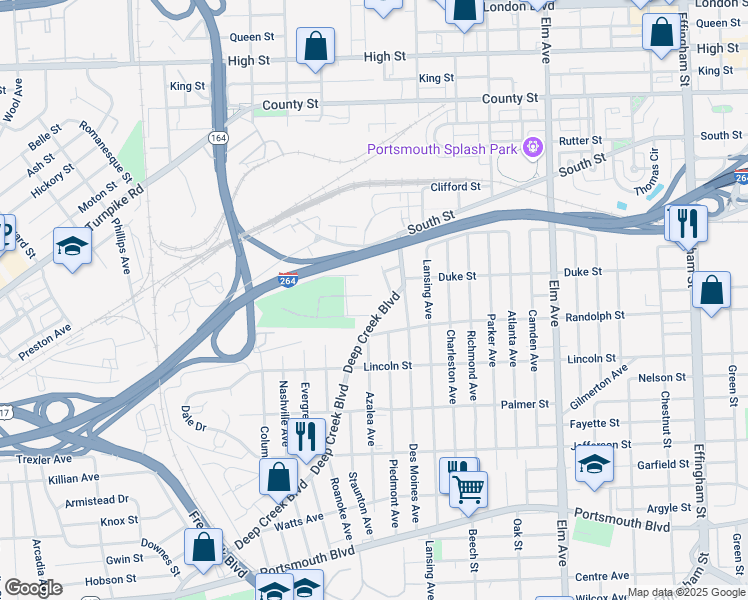 map of restaurants, bars, coffee shops, grocery stores, and more near 2203 Calvary Court in Portsmouth