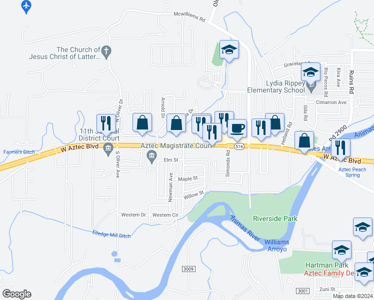 map of restaurants, bars, coffee shops, grocery stores, and more near 1624 West Aztec Boulevard in Aztec