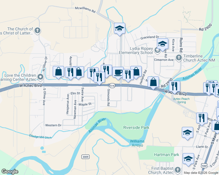 map of restaurants, bars, coffee shops, grocery stores, and more near 100 Simonds Road in Aztec