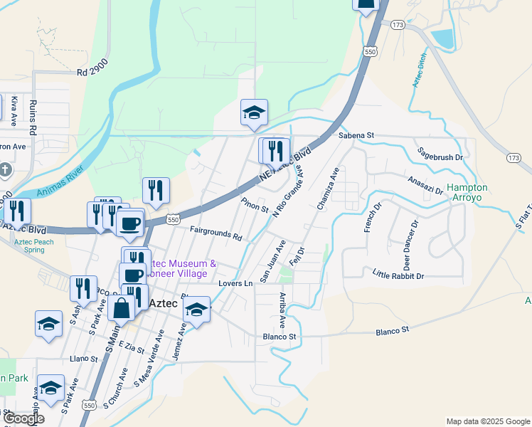 map of restaurants, bars, coffee shops, grocery stores, and more near 508 Pinon Street in Aztec