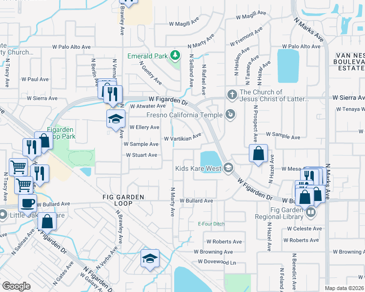 map of restaurants, bars, coffee shops, grocery stores, and more near 3558 West Escalon Avenue in Fresno