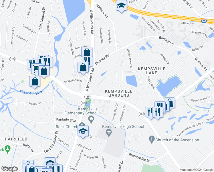 map of restaurants, bars, coffee shops, grocery stores, and more near 5093 Century Drive in Virginia Beach