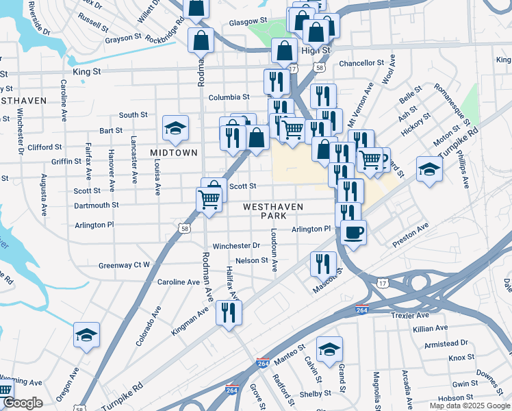 map of restaurants, bars, coffee shops, grocery stores, and more near 3411 Dartmouth St in Portsmouth