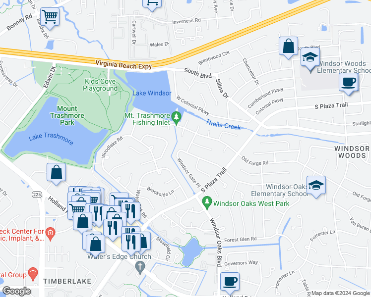 map of restaurants, bars, coffee shops, grocery stores, and more near 4052 Windsor Gate Place in Virginia Beach