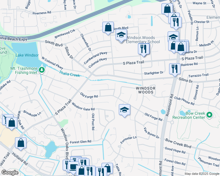 map of restaurants, bars, coffee shops, grocery stores, and more near 3800 Concord Bridge Road in Virginia Beach