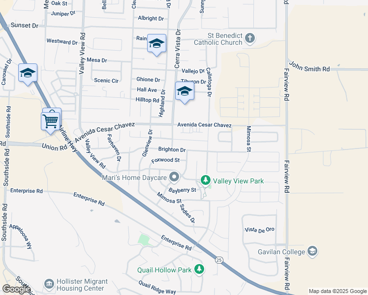 map of restaurants, bars, coffee shops, grocery stores, and more near 1670 Brighton Drive in Hollister