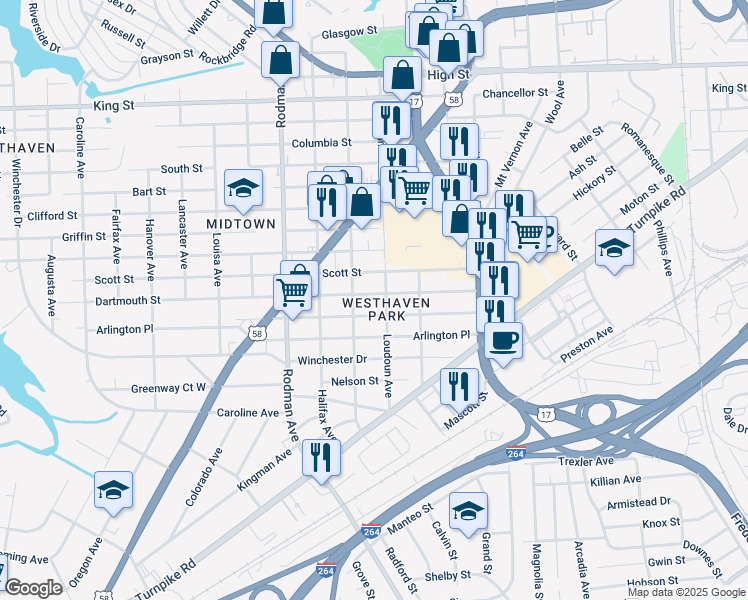 map of restaurants, bars, coffee shops, grocery stores, and more near 3411 Dartmouth Street in Portsmouth