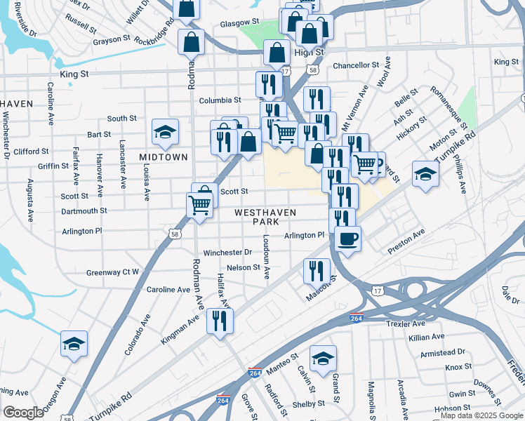 map of restaurants, bars, coffee shops, grocery stores, and more near 3401 Dartmouth Street in Portsmouth