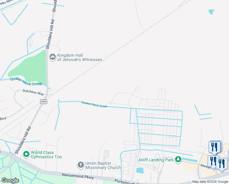 map of restaurants, bars, coffee shops, grocery stores, and more near 5223 Corolla Drive in Suffolk