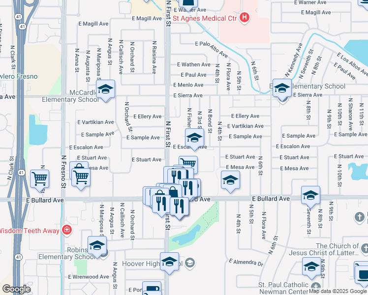 map of restaurants, bars, coffee shops, grocery stores, and more near 1078 East Escalon Avenue in Fresno