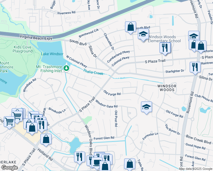 map of restaurants, bars, coffee shops, grocery stores, and more near 3852 Concord Bridge Road in Virginia Beach