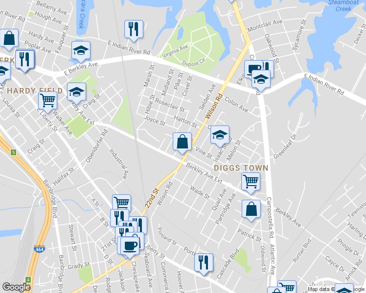 map of restaurants, bars, coffee shops, grocery stores, and more near 1708 U.S. 460 in Norfolk